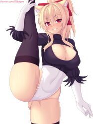 Rule 34 | 1girl, animal ear fluff, animal ears, black thighhighs, blonde hair, bow, breasts, cleavage cutout, clothing cutout, commentary, cosplay, covered collarbone, covered navel, english commentary, flexible, gloves, grin, hair bow, hand on own leg, highres, large breasts, medium hair, nier:automata, nier (series), nottytiffy, original, patreon username, red bow, red eyes, simple background, skin tight, slit pupils, smile, solo, standing, standing on one leg, teeth, thick thighs, thighhighs, thighs, tiffy (nottytiffy), watermark, web address, white background, white gloves, 2b (nier:automata), 2b (nier:automata) (cosplay)