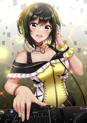Rule 34 | 1girl, :d, absurdres, akashi maho, bare shoulders, belt, black belt, black choker, black hair, blonde hair, blush, bracelet, breasts, cable, check commentary, choker, cleavage, collarbone, commentary request, d4dj, dj, frills, hair between eyes, hand on headphones, hand up, headphones, headphones around neck, highres, holding, holding headphones, jewelry, large breasts, looking at viewer, mixing console, multicolored hair, nail polish, necklace, open mouth, phonograph, pink nails, ribbon, shirt, short hair, sidelocks, sleeveless, sleeveless shirt, smile, solo, standing, streaked hair, teeth, turntable, two-tone hair, two-tone shirt, upper body, upper teeth only, white hair, wrist ribbon, yellow shirt, yuzu ponzu (vgah7445), zipper