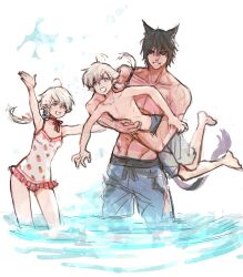 Rule 34 | 17171771 4u, 1girl, 2boys, alisaie leveilleur, alphinaud leveilleur, animal ears, cat ears, commentary request, final fantasy, final fantasy xiv, food print, highres, korean commentary, lifting person, male swimwear, miqo&#039;te, multiple boys, one-piece swimsuit, pointy ears, smile, strawberry print, swim trunks, swimsuit, warrior of light (ff14), water