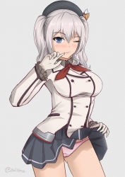 Rule 34 | 1girl, black skirt, blue eyes, breasts, buttons, clothes lift, epaulettes, frilled sleeves, frills, gloves, highres, jacket, kantai collection, kashima (kancolle), kerchief, large breasts, lifting own clothes, military, military jacket, military uniform, miniskirt, neckerchief, one eye closed, panties, pink panties, pleated skirt, red neckerchief, silver hair, skirt, skirt lift, solo, twintails, underwear, uniform, wavy hair, white gloves, white jacket, zuikillme