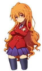 Rule 34 | 1girl, aisaka taiga, black ribbon, black thighhighs, blue skirt, brown eyes, brown hair, buttoned cuffs, buttons, closed mouth, collared shirt, commentary, cropped legs, crossed arms, double-breasted, flat chest, frown, highres, jacket, long hair, long sleeves, looking at viewer, nean, neck ribbon, oohashi high school uniform, petite, pleated skirt, red jacket, ribbon, school uniform, shirt, simple background, skirt, solo, thighhighs, toradora!, very long hair, white background, white shirt, zettai ryouiki