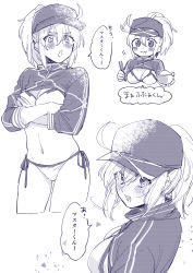 Rule 34 | 1girl, :d, :o, :t, ahoge, ahoge wag, artoria pendragon (fate), baseball cap, bikini, blush, blush stickers, bowl, breasts, chopsticks, cleavage, cropped legs, crossed arms, dot nose, eating, expressive hair, eyes visible through hair, fate/grand order, fate (series), food, greyscale, hair through headwear, hat, highres, holding, holding bowl, holding chopsticks, holding food, long sleeves, looking at viewer, looking back, medium breasts, meeko, monochrome, multiple views, mysterious heroine x (fate), mysterious heroine xx (fate), navel, open mouth, ponytail, purple theme, rice bowl, screentones, shrug (clothing), side-tie bikini bottom, sidelocks, smile, speech bubble, string bikini, swimsuit, translated, upper body, v-shaped eyebrows, white background