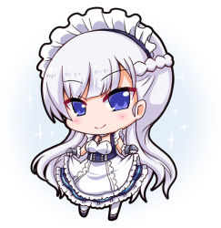 Rule 34 | 1girl, azur lane, bad id, bad pixiv id, belfast (azur lane), blue eyes, braid, chibi, clothes lift, commentary request, french braid, long hair, looking at viewer, maid, maid headdress, noai nioshi, silver hair, simple background, smile, solo, white background