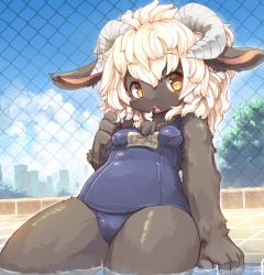 Rule 34 | 1girl, animal ears, blonde hair, blush, body fur, breasts, brown eyes, chain-link fence, day, fence, furry, furry female, goat eyes, horns, kishibe, looking at viewer, one-piece swimsuit, open mouth, outdoors, pool, school swimsuit, sheep ears, sheep horns, sitting, small breasts, soaking feet, solo, swimsuit, thick thighs, thighs, tiles, water