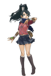 Rule 34 | 1girl, ace attorney, ace attorney investigations, adapted costume, arm up, bandages, black hair, boots, bracer, bridal gauntlets, capcom, company connection, fanny pack, full body, gloves, green eyes, high ponytail, highres, holding, japanese clothes, jika-tabi, kay faraday, key, knee boots, kneehighs, long hair, miniskirt, mizutani shin&#039;ya, official art, onimusha soul, pleated skirt, scarf, scrunchie, short sleeves, side slit, simple background, skirt, smile, socks, solo, split-toe footwear, swept bangs, tabi, tiptoes, wavy hair, white background, wind