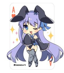 Rule 34 | 1girl, ;d, ace (playing card), ace of hearts, animal ears, black leotard, black sleeves, blue bow, blue eyes, blue hairband, boots, bow, chibi, collar, commentary request, detached collar, detached sleeves, fake animal ears, fate/extra, fate/extra ccc, fate (series), frilled sleeves, frills, full body, grey footwear, grey thighhighs, hair bow, hairband, hand up, heart, leotard, long hair, long sleeves, looking at viewer, meltryllis (fate), one eye closed, open mouth, playboy bunny, playing card, popo (popopuri), purple hair, rabbit ears, sleeves past fingers, sleeves past wrists, smile, solo, sparkle, teeth, thigh boots, thighhighs, twitter username, upper teeth only, very long hair, white background, white collar