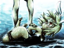 Rule 34 | 1girl, animal ears, arms behind back, asphyxiation, bad id, barefoot, bdsm, belt, blonde hair, bondage, bound, chain, collar, drowning, feet, highres, hogtie, one-piece swimsuit, original, peril, rabbit ears, red eyes, rou271, standing on person, stepped on, swimsuit, trample, underwater, water