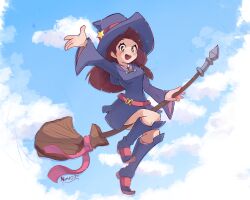 Rule 34 | 1girl, absurdres, artist name, asymmetrical bangs, belt, blue dress, blue footwear, blue hat, blue necktie, blunt bangs, boots, breasts, broom, broom riding, brown hair, cloud, cloudy sky, day, dress, eyelashes, floating hair, full body, hat, hat pin, hat ribbon, high heels, highres, hood, hood down, hooded dress, kagari atsuko, knee boots, knees, light blush, little witch academia, long hair, long sleeves, looking at viewer, luna nova school uniform, medium bangs, medium breasts, necktie, nin10ja, open mouth, red belt, red eyes, red ribbon, ribbon, school uniform, short dress, signature, sitting, sky, smile, solo, sparkle, sparkling eyes, star (symbol), teeth, thighs, tongue, upper teeth only, wide sleeves, witch, witch hat