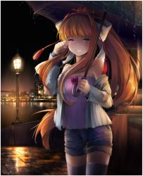 Rule 34 | 1girl, bow, brown hair, casual, chemise, commentary, crying, doki doki literature club, hair bow, hair intakes, happy tears, long hair, making-of available, monika (doki doki literature club), night, off shoulder, one eye closed, rain, shorts, smile, solo, takuyarawr, tears, thighhighs, umbrella