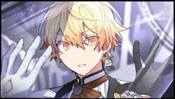 1boy black_gloves black_jacket blonde_hair bow bowtie brown_bow brown_bowtie curtain_call_ni_sekibetsu_wo_(project_sekai) curtain_call_ni_sekibetsu_wo_(project_sekai) earrings gloves highres hoshi-toge jacket jewelry looking_at_viewer male_focus parted_lips project_sekai shirt single_earring solo tenma_tsukasa upper_body white_shirt yellow_eyes