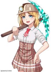 Rule 34 | 1girl, :d, artist name, blonde hair, blue eyes, blush, breasts, collared shirt, commentary, cowboy shot, hair ornament, hand on own hip, helmet, high-waist skirt, highres, holding, hololive, hololive english, looking at viewer, medium breasts, medium hair, minecraft pickaxe, mustache print, necktie, open mouth, pickaxe, plaid, plaid skirt, red necktie, seraphim throne, shirt, shirt tucked in, short necktie, short sleeves, simple background, skirt, smile, solo, virtual youtuber, watson amelia, watson amelia (1st costume), white background, white shirt