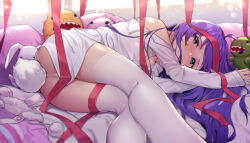 Rule 34 | 1girl, absurdres, ahoge, anal tail, blush, bottomless, butt plug, fake tail, feet out of frame, female focus, highres, idolmaster, idolmaster million live!, indoors, jacket, unworn jacket, looking at viewer, mochizuki anna, purple hair, rabbit tail, red ribbon, ribbon, sex toy, shennai misha, shirt, solo, stuffed animal, stuffed dinosaur, stuffed rabbit, stuffed toy, tail, tail insertion, thighhighs, white shirt, white thighhighs