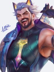 Rule 34 | 1boy, animal ears, armpit hair, armpits, artist name, bara, battle wolf sylas, beard, bich hoan, ear piercing, earrings, facial hair, fangs, gloves, highres, jacket, jewelry, league of legends, looking at viewer, male focus, manly, muscular, muscular male, pectorals, piercing, smile, sylas (league of legends), tattoo, tight clothes, tongue piercing, white hair, wolf ears, yellow eyes