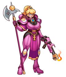 Rule 34 | 1girl, alternate costume, armor, axe, blazbaros, blonde hair, blue eyes, blush, boots, breasts, crown, flamethrower, full body, gold, heels, highres, holding, holding weapon, large breasts, mario (series), nintendo, princess peach, warhammer 40k, weapon, white background