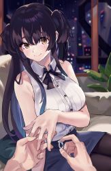 Rule 34 | 1girl, absurdres, bare shoulders, black hair, black neckwear, black pantyhose, blue skirt, blush, closed mouth, collared shirt, couch, dress shirt, feipin zhanshi, fingernails, highres, holding, holding jewelry, holding ring, idolmaster, idolmaster shiny colors, jewelry, long hair, looking at viewer, marriage proposal, mayuzumi fuyuko, miniskirt, pantyhose, plant, pov, ring, shirt, skirt, sleeveless, sleeveless shirt, smile, tears, two side up, white shirt, window, yellow eyes