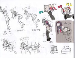 Rule 34 | 1boy, 1girl, annoyed, ass, breasts, clenched teeth, closed eyes, concept art, gal gun, gal gun double peace, hairband, highres, inti creates, japanese text, kamizono shinobu, kicking, large breasts, legs, moaning, monochrome, necktie, official art, purple hair, push, scan, school uniform, shoes, skirt, spanking, stuck, stuck in window, teeth, thighs, traditional media, translation request