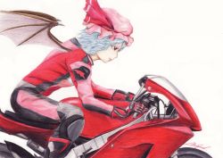 Rule 34 | 1girl, bat wings, biker clothes, bikesuit, bodysuit, colored eyelashes, colored pencil (medium), female focus, hat, motor vehicle, motorcycle, profile, red eyes, red pond, remilia scarlet, signature, solo, touhou, traditional media, vehicle, wings