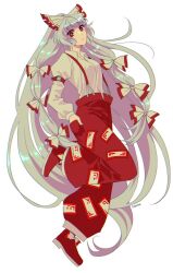 Rule 34 | 1girl, absurdly long hair, bow, breasts, commentary request, fujiwara no mokou, full body, grey hair, hair bow, hand in pocket, long hair, medium breasts, ofuda, ofuda on clothes, pants, red eyes, red pants, solo, suspenders, touhou, very long hair, yuuzuki230