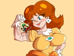 Rule 34 | 1boy, 1girl, blue eyes, breasts, brooch, brown hair, dress, earrings, facial hair, flexing, flower earrings, giant, giantess, gloves, grin, hat, highres, jewelry, laccerart, large breasts, looking at another, luigi, mario (series), mustache, nintendo, one eye closed, orange dress, overalls, princess daisy, smile, smug, tomboy, wink