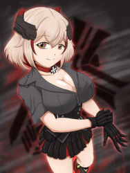 Rule 34 | 1girl, absurdres, aura, azur lane, black shirt, black skirt, breasts, brown eyes, buttons, choker, cleavage, cross, double-breasted, from above, headgear, highres, iron blood (emblem), iron cross, large breasts, light brown hair, looking at viewer, looking up, medium hair, metal gloves, multicolored hair, red choker, red hair, roon (azur lane), shiny skin, shirt, short sleeves, skarlet jewel, skirt, smile, solo, streaked hair, two-tone hair, underbust