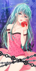 Rule 34 | 1girl, 723/nanahumi, apple, aqua eyes, aqua hair, bad id, bad pixiv id, bare shoulders, barefoot, blush, breasts, bug, butterfly, camisole, cleavage, food, fruit, hair down, hatsune miku, highres, insect, long hair, looking at viewer, open mouth, panties, romeo to cinderella (vocaloid), sitting, solo, underwear, very long hair, vocaloid