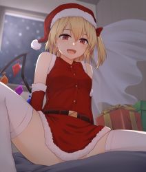 Rule 34 | 1girl, :d, alternate costume, belt, box, breasts, buttons, commentary request, crystal, detached sleeves, feet out of frame, flandre scarlet, fur-trimmed headwear, fur-trimmed skirt, fur trim, gift, gift box, hair between eyes, hair ribbon, hat, highres, indoors, looking at viewer, miyo (ranthath), night, open mouth, pom pom (clothes), red eyes, red skirt, ribbon, santa costume, santa hat, shirt, short hair, side ponytail, sitting, skirt, sleeveless, sleeveless shirt, small breasts, smile, snowing, solo, spread legs, thighhighs, touhou, white thighhighs, wings