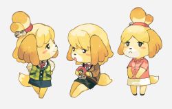 Rule 34 | 1girl, :&lt;, alternate hairstyle, animal crossing, animal ears, bell, black eyes, blush, dog ears, dog girl, dog tail, furry, furry female, grey background, hair bell, hair down, hair ornament, isabelle (animal crossing), looking away, multiple views, neck ribbon, newo (shinra-p), nintendo, red ribbon, ribbon, simple background, sitting, standing, tail