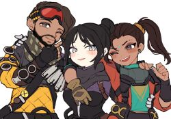 Rule 34 | 1boy, 2girls, :d, animification, apex legends, aqua shirt, arm around shoulder, black gloves, blue bodysuit, blue nails, blush, bodysuit, breasts, brown eyes, brown eyeshadow, brown hair, checkered clothes, checkered scarf, dark-skinned female, dark-skinned male, dark skin, earrings, facial hair, finger gun, fingerless gloves, gloves, goatee, goggles, goggles on head, green scarf, grey eyes, hair behind ear, hair bun, hand on another&#039;s waist, jewelry, jumpsuit, looking at viewer, looking to the side, medium breasts, mirage (apex legends), multiple girls, nail polish, one eye closed, open mouth, orange jumpsuit, parted bangs, rampart (apex legends), riku (ururi7610), scarf, shirt, side ponytail, single glove, single hair bun, smile, tooth gap, wraith (apex legends), yellow bodysuit