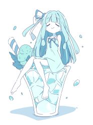 Rule 34 | 1girl, :&gt;, absurdres, arm support, arms behind back, bare shoulders, barefoot, blue hair, blue ribbon, blue theme, blunt bangs, closed eyes, closed mouth, commentary, dot nose, dress, flat chest, food, full body, hair ribbon, highres, ice cream, knees together feet apart, kotonoha aoi, light blue dress, light blush, long hair, low-tied sidelocks, mini person, minigirl, mint, monochrome, ribbon, sitting, smile, solo, spaghetti strap, sundress, very long hair, voiceroid, white background, zunmut