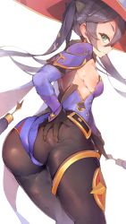 Rule 34 | 1girl, ass, ass grab, blush, breasts, cameltoe, cape, deep skin, detached sleeves, elbow gloves, embarrassed, from behind, genshin impact, gloves, green eyes, hair ornament, hat, highres, huge ass, leotard, long hair, looking at viewer, looking back, mona (genshin impact), pantyhose, purple hair, semimarusemi, shiny clothes, shiny skin, sideboob, solo, thighlet, twintails, very long hair