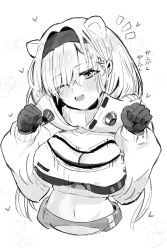 Rule 34 | 1girl, animal ears, arknights, aurora (arknights), bear ears, commentary, crop top, cropped jacket, cropped torso, duplicate, gloves, greyscale, hairband, hands up, head tilt, highres, horn/wood, long hair, long sleeves, looking at viewer, midriff, monochrome, navel, one eye closed, pixel-perfect duplicate, simple background, solo, stomach, upper body, very long hair, white background