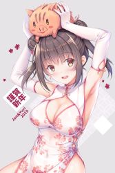 Rule 34 | 1girl, 2019, :d, animal, animal on head, armpits, arms up, bad id, bad pixiv id, bare shoulders, blush, boar, breasts, brown eyes, brown hair, china dress, chinese clothes, chinese zodiac, cleavage, cleavage cutout, clothing cutout, commentary request, covered navel, cowboy shot, double bun, dress, elbow gloves, floral print, gloves, grey background, hair bun, hair ornament, happy new year, head tilt, highres, long hair, looking at viewer, medium breasts, new year, on head, open mouth, original, pelvic curtain, print dress, shirakawako, side bun, side slit, sidelocks, sleeveless, sleeveless dress, smile, solo, thighs, twintails, white dress, white gloves, year of the pig, yellow eyes