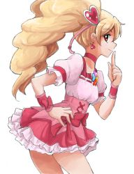 Rule 34 | 00s, 1girl, blonde hair, bow, choker, cure peach, dress, earrings, fresh precure!, frills, hair ornament, hand on own hip, happy, heart, heart hair ornament, jewelry, long hair, magical girl, momozono love, pink bow, pink eyes, precure, red eyes, simple background, smile, solo, twintails, uraki, white background, wrist cuffs
