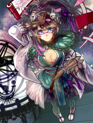 Rule 34 | 1girl, bell, blue eyes, breasts, brown hair, cleavage, cleavage cutout, clothing cutout, female focus, foreshortening, from above, full body, glasses, gloves, gradient background, green pantyhose, headdress, highres, jingle bell, long hair, looking at viewer, looking up, pantyhose, petals, ponytail, purple-framed eyewear, red-framed eyewear, sangokushi taisen, sasurai susuki, scroll, shokatsurin, solo, telescope