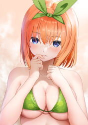 Rule 34 | 1girl, absurdres, bare shoulders, bikini, blue eyes, blush, breasts, cleavage, collarbone, commentary, finger to mouth, floral print, gibun (sozoshu), go-toubun no hanayome, gradient background, green bikini, green hairband, hairband, hands on own chest, hands up, highres, looking at viewer, medium breasts, nakano yotsuba, orange background, orange hair, parted lips, print bikini, revision, short hair, solo, swimsuit, upper body