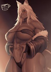 Rule 34 | 1girl, abs, animal ear fluff, bandeau, belt, breasts, choker, coffeeslice, dark-skinned female, dark skin, eyepatch, facial scar, ghislaine dedoldia, highleg, highleg panties, highres, huge breasts, jacket, muscular, muscular female, mushoku tensei, one-eyed, panties, pink eyes, scar, scar on cheek, scar on face, scar on stomach, solo, tail, tail ornament, tail ring, thick thighs, thighs, thong, underwear