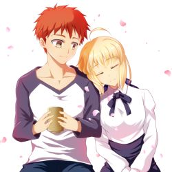 Rule 34 | 1boy, 1girl, ahoge, artoria pendragon (all), artoria pendragon (fate), black ribbon, black skirt, blonde hair, blue pants, blue ribbon, brown eyes, cherry blossoms, cimeri, collar, collared shirt, couple, cup, emiya shirou, closed eyes, fate/stay night, fate (series), grey sleeves, hair ribbon, high-waist skirt, holding, holding cup, leaning to the side, long sleeves, neck ribbon, orange hair, own hands together, pants, ribbon, saber (fate), shirt, short hair, simple background, sitting, skirt, smile, spiked hair, white background, white shirt, wing collar