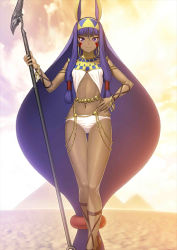 Rule 34 | 1girl, absurdly long hair, animal ears, breasts, dark skin, dark-skinned female, earrings, fate/grand order, fate (series), hair between eyes, hand on own hip, headband, holding, holding staff, jewelry, long hair, looking at viewer, low-tied long hair, midriff, navel, nitocris (fate), panties, purple eyes, purple hair, shima udon, sleeveless, small breasts, smile, solo, staff, standing, stomach, underwear, very long hair, white panties