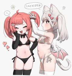 Rule 34 | 2girls, absurdres, animal ear fluff, animal ears, bikini, black bikini, black choker, black gloves, black thighhighs, blush, bow choker, breasts, cat ears, cat girl, cat tail, choker, closed eyes, commentary, cropped legs, demon wings, elbow gloves, extra ears, gloves, hair ornament, hairclip, hand on own hip, heart, heart hair ornament, highres, low wings, medium hair, multiple girls, navel, open mouth, original, red eyes, red hair, side-tie bikini bottom, small breasts, soda (sod4), speech bubble, swimsuit, tail, teeth, thighhighs, translation request, twintails, upper teeth only, white bikini, white choker, white gloves, white hair, white thighhighs, wings