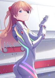 Rule 34 | 1girl, ass, blue eyes, bodysuit, breasts, brown hair, closed mouth, evangelion: 3.0+1.0 thrice upon a time, eyepatch, highres, ka ki o, long hair, looking at viewer, looking to the side, medium breasts, neon genesis evangelion, pilot suit, plugsuit, rebuild of evangelion, simple background, smile, solo, souryuu asuka langley, standing, twintails, very long hair, white bodysuit, wide hips