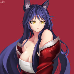 Rule 34 | 1girl, absurdres, ahri (league of legends), animal ear fluff, animal ears, artist name, bare shoulders, black hair, breasts, cleavage, detached sleeves, eyebrows, eyebrows hidden by hair, eyelashes, facial mark, forehead, fox ears, fox girl, hair between eyes, highres, kor icseok noin, korean commentary, kyuubi, large breasts, league of legends, long hair, looking to the side, parted lips, purple hair, red background, sidelocks, simple background, solo, upper body, whisker markings, yellow eyes