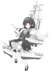 Rule 34 | 1girl, absurdres, adapted turret, cannon, commentary request, dress shirt, gloves, highres, kantai collection, machinery, mary janes, monochrome, necktie, outstretched arms, red eyes, sagoromo 04, sailor collar, shirt, shoes, short hair, short hair with long locks, solo, spot color, striped necktie, thighhighs, turret, ukuru (kancolle)