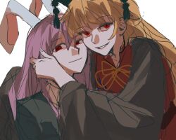 Rule 34 | 2girls, animal ears, black jacket, blonde hair, closed mouth, collared shirt, grin, hand on another&#039;s cheek, hand on another&#039;s face, jacket, junko (touhou), long hair, long sleeves, multiple girls, poxiao354, purple hair, rabbit ears, rabbit girl, red eyes, red tabard, reisen udongein inaba, shirt, simple background, sketch, smile, tabard, touhou, white background, white shirt