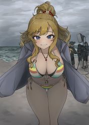 Rule 34 | absurdres, bikini, blonde hair, blue eyes, blush, breasts, cleavage, cloud, cloudy sky, collarbone, feet out of frame, film set, grey jacket, hair ornament, halterneck, highres, horizon, idolmaster, idolmaster cinderella girls, jacket, jacket over swimsuit, jewelry, large breasts, looking at viewer, multicolored bikini, multicolored clothes, navel, necklace, ocean, ohtsuki yui, open clothes, open jacket, ponytail, ribbon-trimmed bikini, side-tie bikini bottom, sky, smile, solo focus, string bikini, swimsuit, thigh gap, thighhighs, thighs, ushimochi