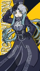 Rule 34 | 1girl, absurdres, angela (project moon), arm up, belt, black belt, black coat, black gloves, black hat, blue hair, charon (project moon), coat, coco (556ch0cl8), commentary, cosplay, english commentary, gloves, hand on own hip, hat, highres, lapis (project moon), lapis (project moon) (cosplay), lobotomy corporation, long hair, long sleeves, open mouth, parted bangs, project moon, solo, yellow eyes
