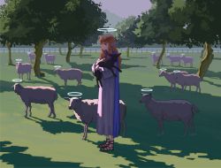 Rule 34 | 1girl, absurdres, animal, aqua eyes, black sheep, blue robe, closed mouth, commentary, day, english commentary, full body, grass, halo, highres, holding, holding animal, horns, huge filesize, kenharu, long hair, long sleeves, looking at viewer, mountain, orange hair, original, outdoors, purple sky, robe, sandals, shade, sheep, sheep horns, sky, solo, standing, tree, white robe