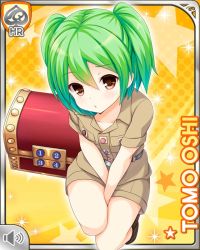 1girl :o brown_eyes card_(medium) character_name closed_mouth girlfriend_(kari) green_hair halftone halftone_background kneeling looking_at_viewer official_art orange_background oshi_tomo qp:flapper shorts solo sparkle star_(symbol) star_symbol_background tan_shirt treasure_chest