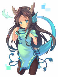Rule 34 | 1girl, animal ears, blue eyes, blush, brown hair, brown pantyhose, china dress, chinese clothes, cropped legs, dragon girl, dress, horns, karin (p&amp;d), looking at viewer, pantyhose, puzzle &amp; dragons, simple background, smirk, solo, tail, white background, yoo (tabi no shiori)