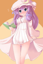 Rule 34 | 1girl, blue eyes, blush, book, bottomless, breasts, crescent, crescent hat ornament, female focus, hat, hat ornament, long hair, naik, patchouli knowledge, purple hair, solo, touhou