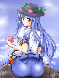 1girl ass blue_hair female_focus food fruit hat highres hinanawi_tenshi long_hair pantyhose peach rabinidaddo red_eyes rock sitting smile solo touhou white_pantyhose